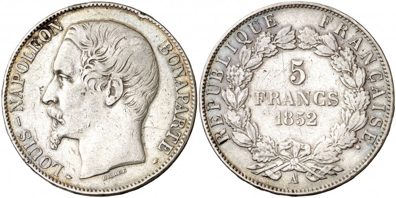 1852. Francia. Luis Napoleón Bonaparte. A (París). 5 francos. (Kr. 773.1). 24,88...