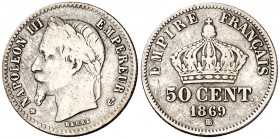 1869. Francia. Napoleón III. BB (Strasburgo). 50 céntimos. (Kr. 814.2). 2,44 g. AG. Escasa. MBC-.
