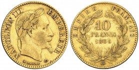 1866. Francia. Napoleón III. BB (Estrasburgo). 10 francos. (Fr. 587) (Kr. 800.2). 3,18 g. AU. MBC.