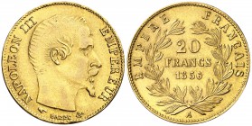 1856. Francia. Napoleón III. A (París). 20 francos. (Fr. 573) (Kr. 781.1). 6,43 g. AU. Falsa de joyería. EBC.
