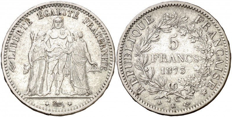 1875. Francia. III República. K (Burdeos). 5 francos. (Kr. 820.2). 24,86 g. AG. ...