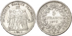 1875. Francia. III República. K (Burdeos). 5 francos. (Kr. 820.2). 24,86 g. AG. MBC+.