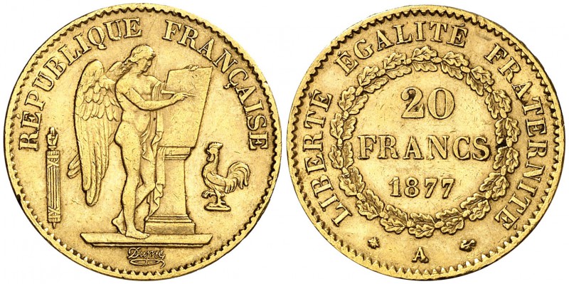1877. Francia. III República. A (París). 20 francos. (Fr. 592) (Kr. 825). 6,45 g...