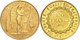 1896. Francia. III República. A (París). 100 francos. (Fr. 590) (Kr. 832). 32,13 g. AU. Sirvió como joya. (MBC+).