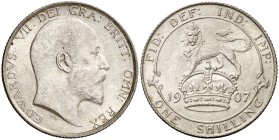 1907. Gran Bretaña. Eduardo VII. 1 chelín. (Kr. 800). 5,68 g. AG. Bella. Brillo original. Escasa así. S/C-.
