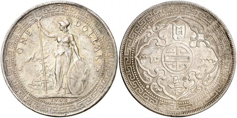 1903. Gran Bretaña. Eduardo VII. 1 dólar de comercio. (Kr. T5). 26,77 g. AG. MBC...