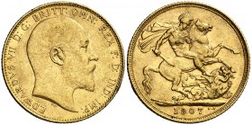 1907. Gran Bretaña. Eduardo VII. 1 libra. (Fr. 400) (Kr. 805). 7,99 g. AU. MBC+/EBC-.