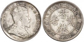 1904. Hong Kong. Eduardo VII. 10 centavos. (Kr. 14). 5,35 g. AG. Golpecito. MBC-/MBC.