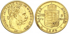 1884. Hungría. Francisco José I. KB (Kremnitz). 8 florines/20 francos. (Fr. 243) (Kr. 467). 6,43 g. AU. MBC+.
