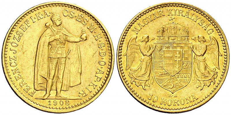 1908. Hungría. Francisco José I. KB (Kremnitz). 10 coronas. (Fr. 252) (Kr. 485)....
