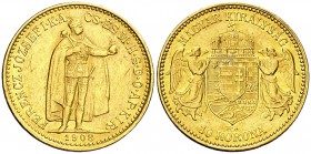 1908. Hungría. Francisco José I. KB (Kremnitz). 10 coronas. (Fr. 252) (Kr. 485). 3,37 g. AU. EBC.
