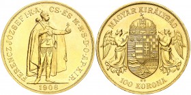 1908. Hungría. Francisco José I. KB (Kremnitz). 100 coronas. (Fr. 249R) (Kr. 491). 33,90 g. AU. Reacuñación. S/C-.