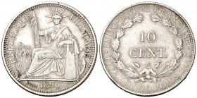 1896. Indochina Francesa. A (París). 10 cents. (Kr. 2a). 2,68 g. AG. Leves rayitas y golpecitos. Buen ejemplar. Escasa. MBC+.
