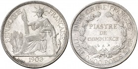 1903. Indochina francesa. A (París). 1 piastra de comercio. (Kr. 5a.1). 26,90 g. AG. MBC.