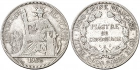 1905. Indochina francesa. A (París). 1 piastra de comercio. (Kr. 5a.1). 26,71 g. AG. MBC-.