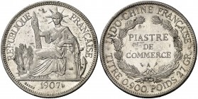 1907. Indochina francesa. A (París). 1 piastra de comercio. (Kr. 5a.1). 26,92 g. AG. Parte de brillo original. MBC+.