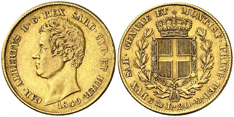 1849. Italia. Cerdeña. Carlos Alberto. Génova. P. 20 liras. (Fr. 1143) (Kr. 115....