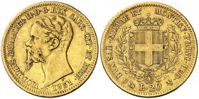 1851. Italia. Cerdeña. Víctor Manuel II. Génova. P. 20 liras. (Fr. 1147) (Kr. 146.2). 6,42 g. AU. MBC.