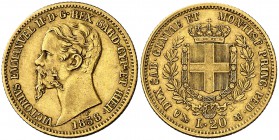 1858. Italia. Cerdeña. Víctor Manuel II. Génova. P. 20 liras. (Fr. 1147) (Kr. 126.1). 6,40 g. AU. MBC.