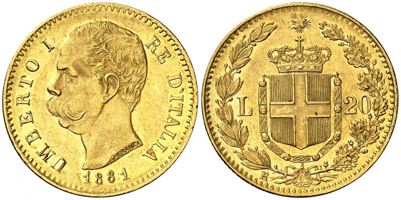 1881. Italia. Humberto I. R (Roma). 20 liras. (Fr. 21) (Kr. 21). 6,43 g. AU. EBC...