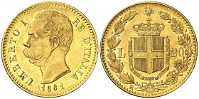 1881. Italia. Humberto I. R (Roma). 20 liras. (Fr. 21) (Kr. 21). 6,43 g. AU. EBC.