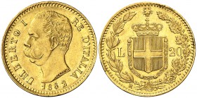 1882. Italia. Humberto I. R (Roma). 20 liras. (Fr. 21) (Kr. 21). 6,42 g. AU. EBC.