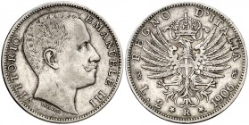 1906. Italia. Víctor Manuel III. R (Roma). 2 liras. (Kr. 33). 9,94 g. AG. Rara. MBC-.