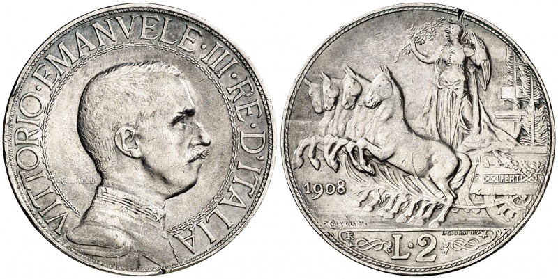 1908. Italia. Víctor Manuel III. R (Roma). 2 liras. (Kr. 46). 9,98 g. AG. Golpec...