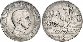 1908. Italia. Víctor Manuel III. R (Roma). 2 liras. (Kr. 46). 9,98 g. AG. Golpecitos. Escasa. MBC-