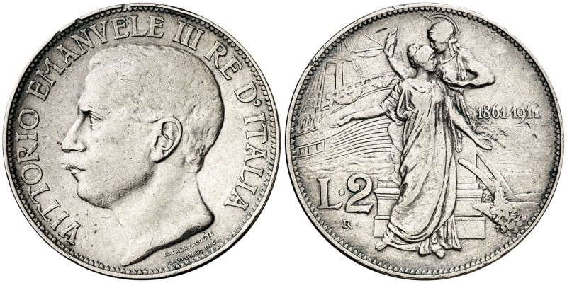 1911. Italia. Víctor Manuel III. R (Roma). 2 liras. (Kr. 52). 9,97 g. AG. 50º An...