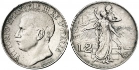 1911. Italia. Víctor Manuel III. R (Roma). 2 liras. (Kr. 52). 9,97 g. AG. 50º Aniversario de Reinado. Golpecitos. MBC-.