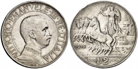 1912. Italia. Víctor Manuel III. R (Roma). 2 liras. (Kr. 46). 9,93 g. AG. Escasa. MBC-
