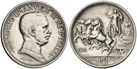1914. Italia. Víctor Manuel III. R (Roma). 2 liras. (Kr. 55). 9,91 g. AG. MBC-.