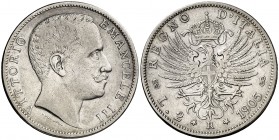 1905. Italia. Víctor Manuel III. R (Roma). 2 liras. (Kr. 33). 9,93 g. AG. Rara. MBC-/MBC.