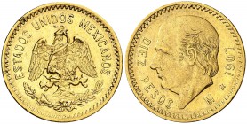1907. México. M (México). 10 pesos. (Fr. 166) (Kr. 473). 8,30 g. AU. MBC.