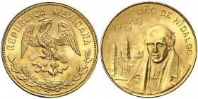 1953. México. 10 pesos. (Fr. falta) (Kr.UWC. M91a). 8,34 g. AU. Año de Hidalgo. S/C-.
