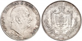 1909. Montenegro. Nicolás I. 5 perpera. (Kr. 6). 23,96 g AG. Rara. MBC+.