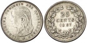 1897. Países Bajos. Guillermina. 25 cents. (Kr. 115). 3,55 g. AG. Escasa. MBC.
