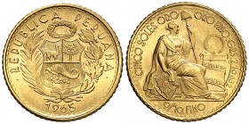1965. Perú. 5 soles. (Fr. 82) (Kr. 235). 2,34 g. AU. S/C-.