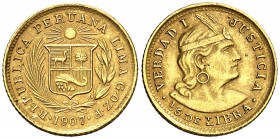 1907. Perú. Lima. 1/5 libra. (Fr. 75) (Kr. 210). 1,60 g. AU. MBC+.