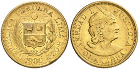 1900. Perú. Lima. 1 libra. (Fr. 73) (Kr. 207). 7,94 g. AU. ROZF. Golpe en canto. EBC.