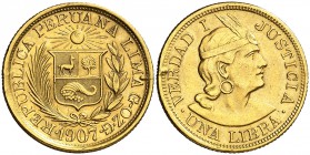 1907. Perú. Lima. 1 libra. (Fr. 73) (Kr. 207). 7,92 g. AU. GOZG. Golpecitos. MBC+.
