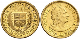 1909. Perú. Lima. 1 libra. (Fr. 73) (Kr. 207). 7,96 g. AU. GOZG. Golpecitos. EBC.