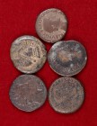 Lote formado por 2 ases ibéricos y 3 ases hispano-romanos. Total 5 monedas. A examinar. BC-/MBC-.