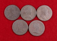 1837 a 1849. Isabel II. Jubia y Segovia. 8 maravedís. Lote de 5 monedas distintas. MC-/BC-.