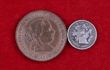 1868. Isabel II. Segovia. . 2 1/2 céntimos de escudo y 1 real 1863 Madrid. Lote de monedas. MBC-.