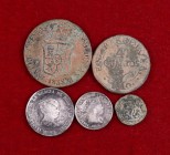 Lote de 5 monedas españolas, dos en plata. A examinar. BC-/BC+.
