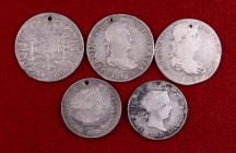 Lote de 5 monedas en plata, con perforación (4 reales de Felipe V y Fernando VII (dos), 50 centavos y 1 escudo de Isabel II). (BC-/MBC-).