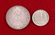 Alemania. Lote de 2 monedas: 1 reichsmark 1926 J y 3 marcos 1913 A de Lübeck. EBC-.