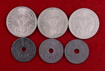 Indochina francesa. 1 centavo (tres) y 1 piastra (tres). Lote de 6 monedas. A examinar. BC/MBC+.